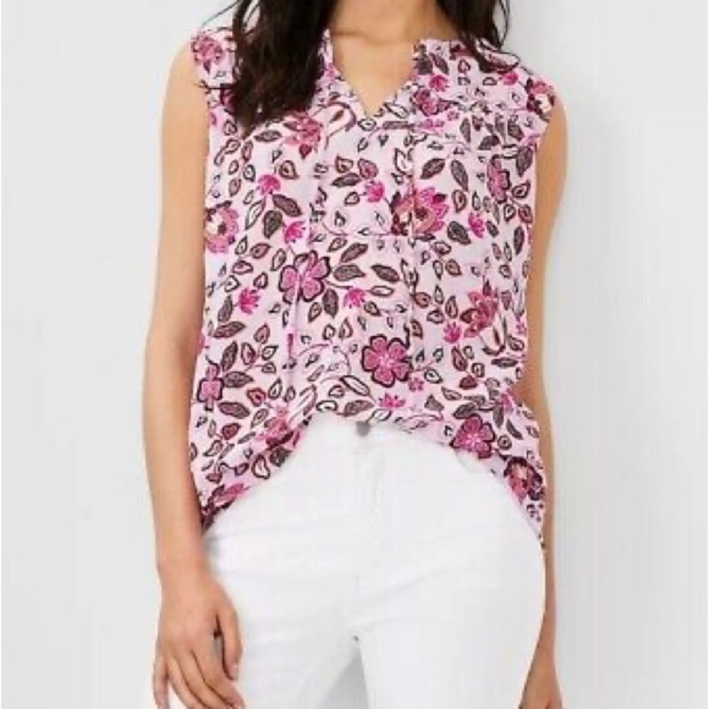 Ann Taylor Floral Tie Neck Sleeveless Shell Blouse in Pink/Purple - Size XXL